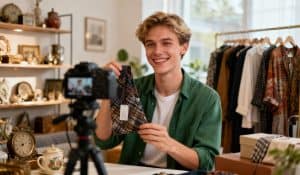 Photographie d'un jeune entrepreneur Caucasian confiant animant une session de vente en direct depuis un studio à domicile, souriant et tenant un produit.