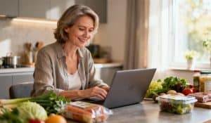 Femme utilisant un ordinateur portable pour gérer ses ventes en ligne de produits alimentaires.