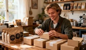 Photographie d'un entrepreneur emballant des boîtes d'abonnement de café artisanal dans son atelier.