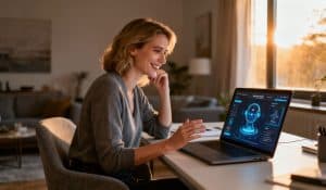 Une femme souriante utilise un ordinateur portable avec une interface d'assistant virtuel IA dans un bureau moderne.