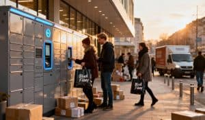 Une station de casiers de colis automatisés à l'extérieur d'un centre commercial urbain en Europe, éclairée par la lumière dorée de fin d'après-midi, avec des gens récupérant des colis pendant la période du Black Friday.