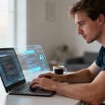 Un homme concentré travaillant sur un ordinateur portable affichant des prompts d'IA et du code dans un bureau moderne.