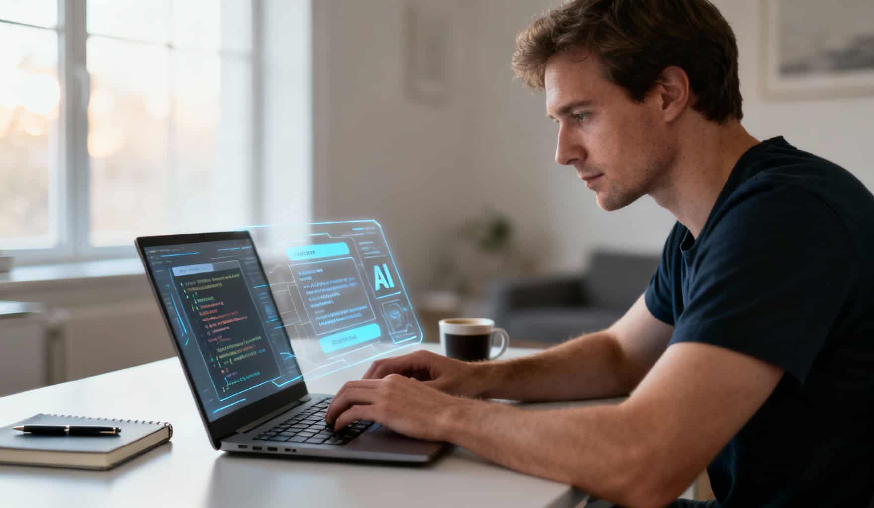 Un homme concentré travaillant sur un ordinateur portable affichant des prompts d'IA et du code dans un bureau moderne.
