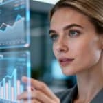 Photographie d'une femme d'affaires B2B concentrée analysant des données numériques sur plusieurs écrans transparents dans un bureau moderne.