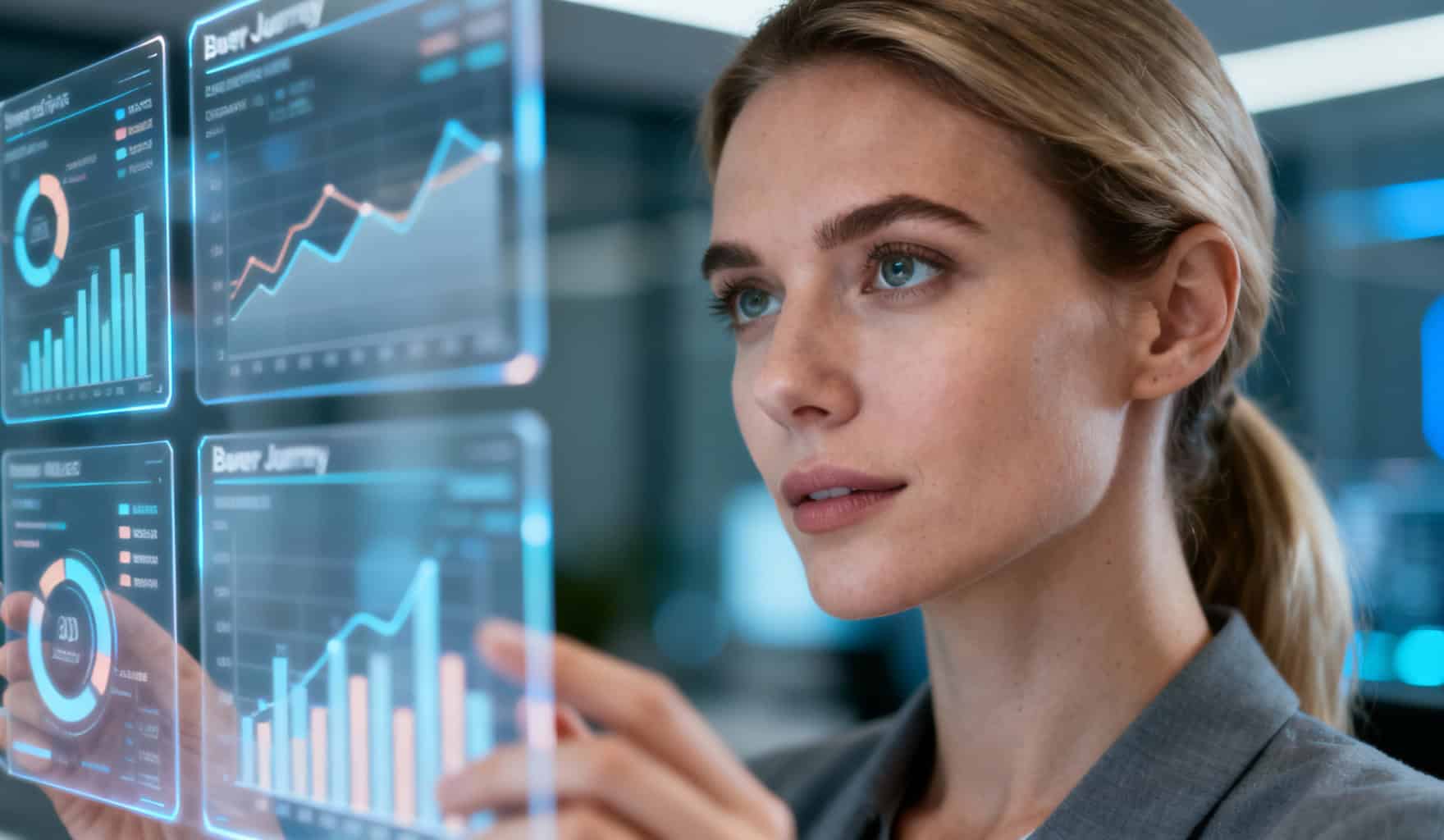 Photographie d'une femme d'affaires B2B concentrée analysant des données numériques sur plusieurs écrans transparents dans un bureau moderne.
