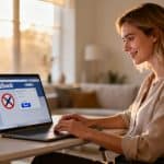 Une femme concentrée utilisant un ordinateur portable avec une interface Facebook affichant un bouton pour bloquer.