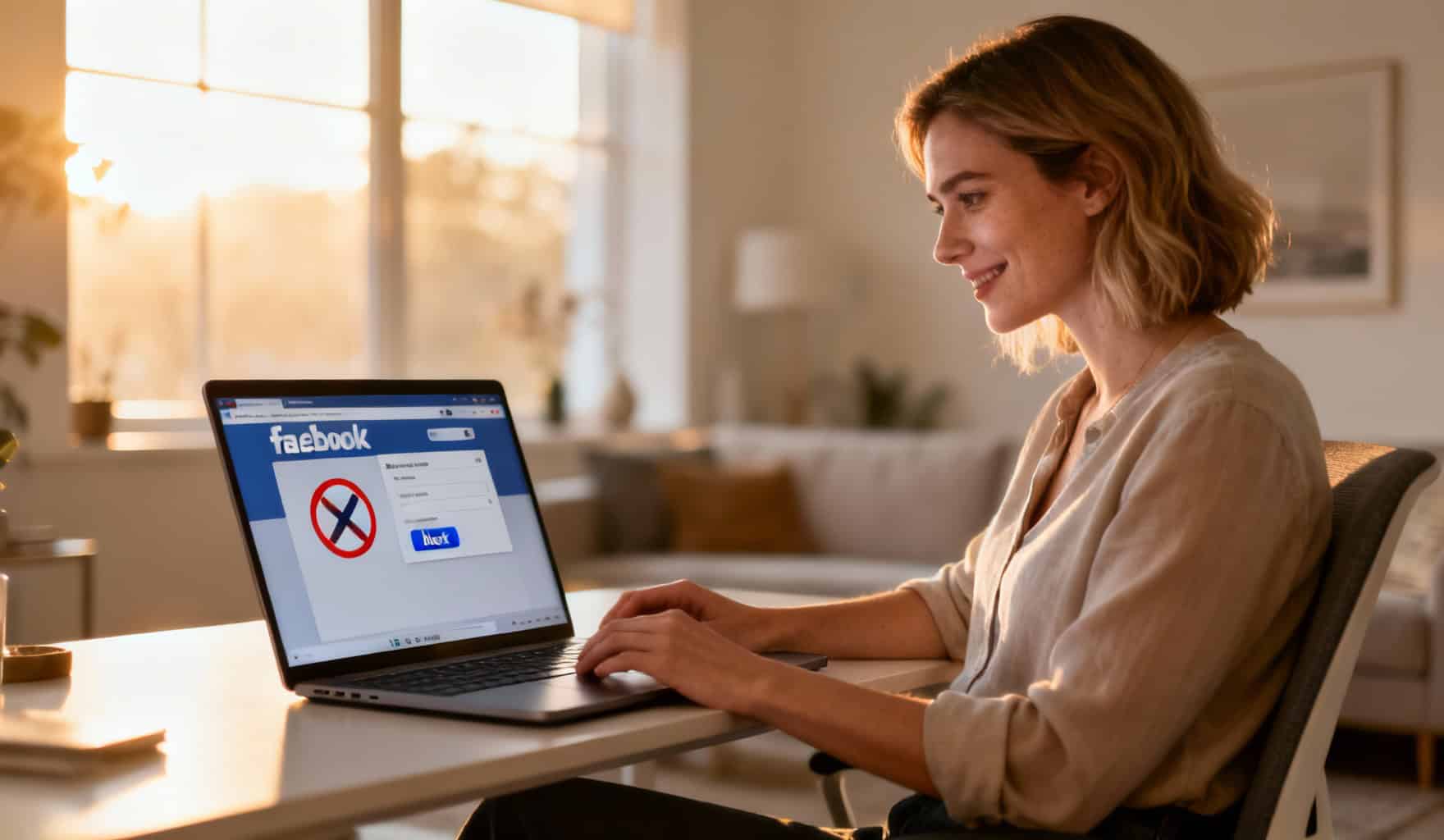 Une femme concentrée utilisant un ordinateur portable avec une interface Facebook affichant un bouton pour bloquer.