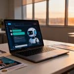 Photographie d'un bureau moderne avec un ordinateur portable affichant une interface de chatbot IA, entouré de maquettes publicitaires, dans un bureau minimaliste éclairé par la lumière dorée de fin d'après-midi.