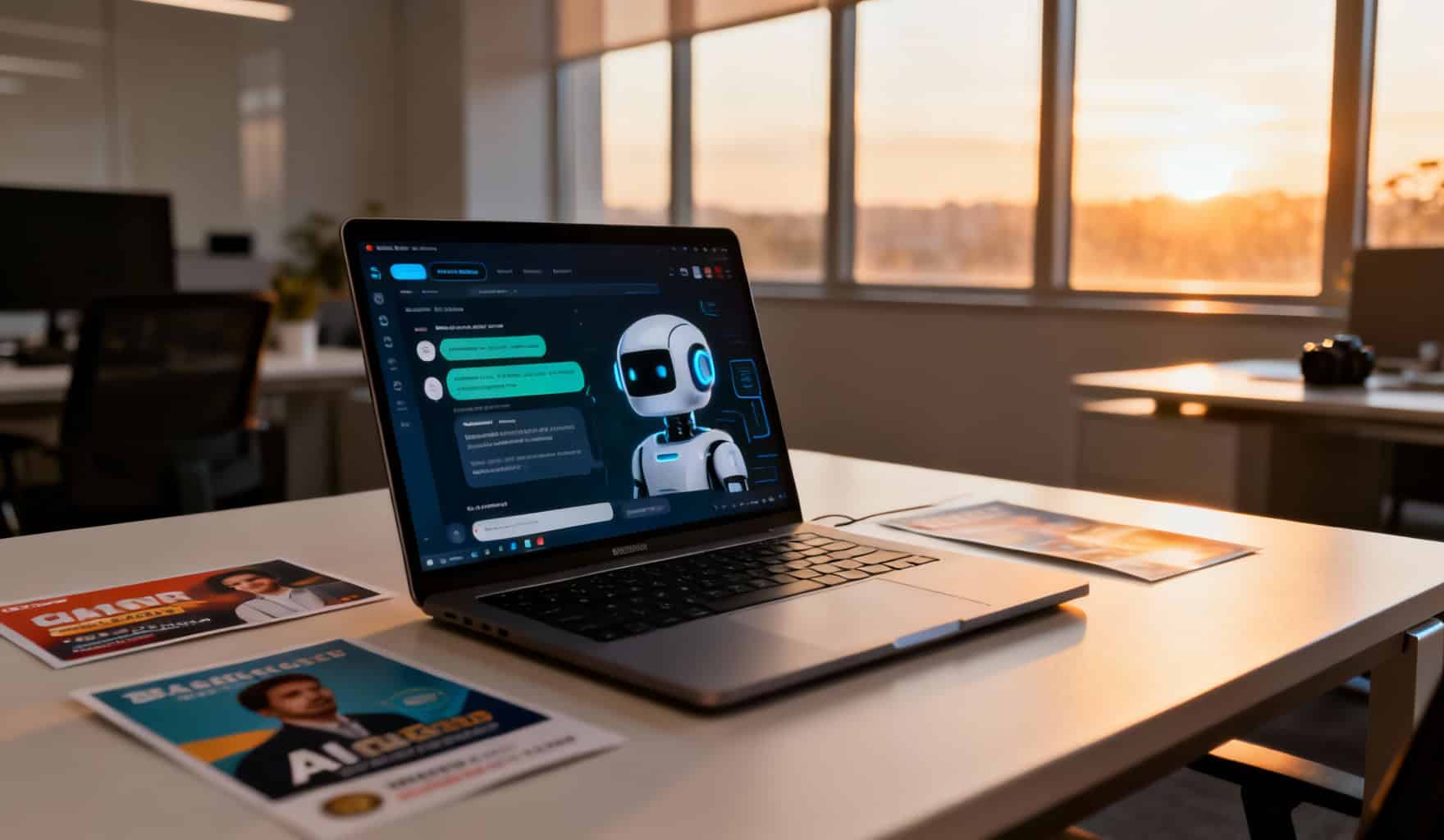 Photographie d'un bureau moderne avec un ordinateur portable affichant une interface de chatbot IA, entouré de maquettes publicitaires, dans un bureau minimaliste éclairé par la lumière dorée de fin d'après-midi.