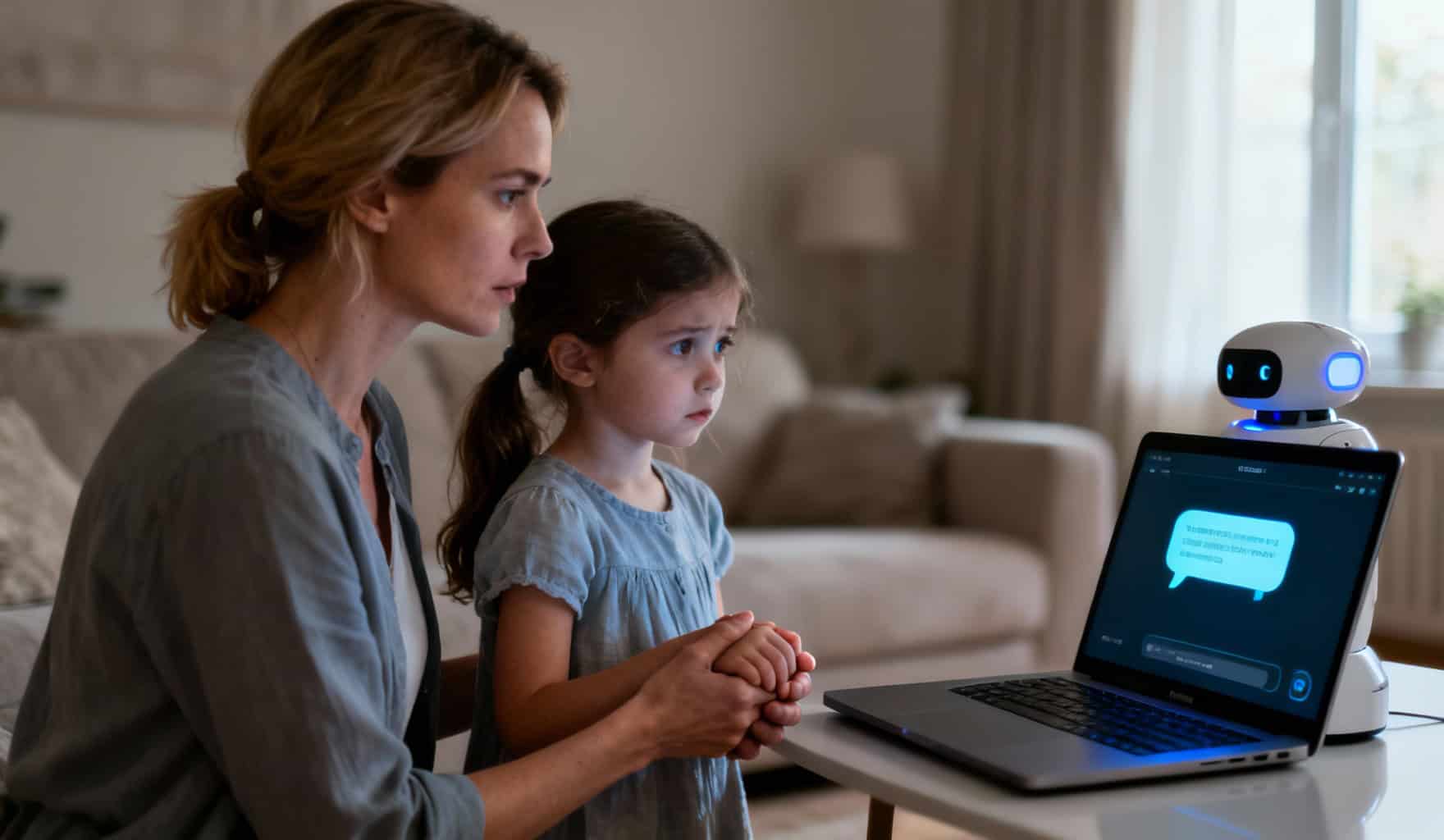 Une mère tient la main de sa jeune fille devant un ordinateur affichant une interface de chatbot.
