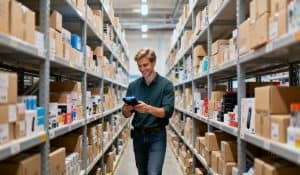 Employé souriant dans un entrepôt Amazon scannant des colis avec un appareil portatif, entouré d'étales de produits.
