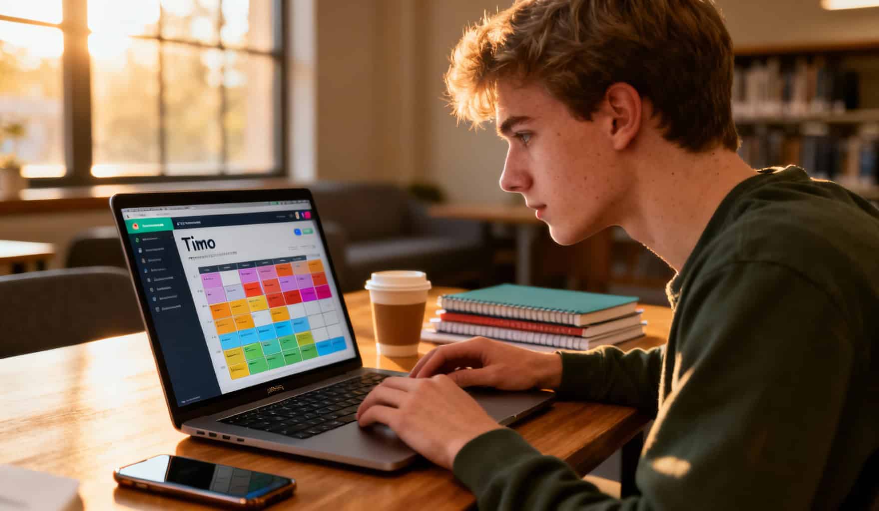 Un étudiant concentré sur son application Tiimo sur un MacBook Pro dans une pièce lumineuse