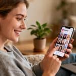 Photographie d'une jeune femme souriante utilisant son smartphone pour regarder des stories Instagram dans un intérieur lumineux.