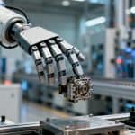 Photographie d'une main de robot humanoïde avancée saisissant un composant mécanique complexe dans un environnement d'usine moderne et automatisé.