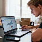 Photographie d'un jeune entrepreneur e-commerce concentré sur son ordinateur portable dans un bureau moderne, avec des indices subtils de TikTok et de colis de produits.