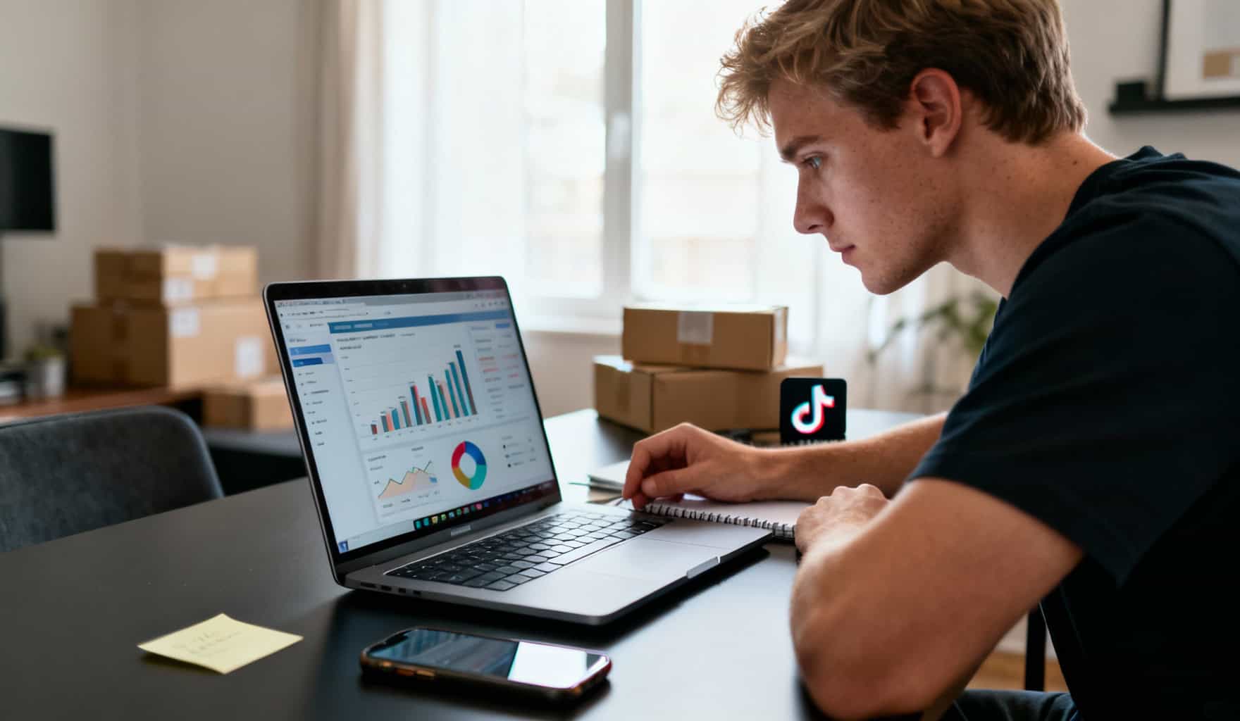 Photographie d'un jeune entrepreneur e-commerce concentré sur son ordinateur portable dans un bureau moderne, avec des indices subtils de TikTok et de colis de produits.