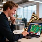 Un employé de bureau assis à un bureau moderne décoré pour Noël, souriant tout en travaillant sur un ordinateur portable affichant une interface de jeu festive.