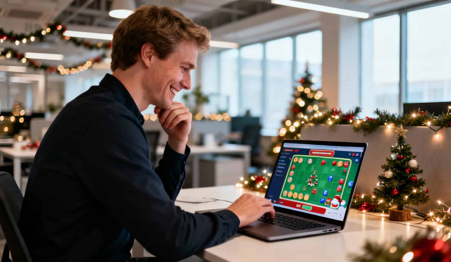 Un employé de bureau assis à un bureau moderne décoré pour Noël, souriant tout en travaillant sur un ordinateur portable affichant une interface de jeu festive.